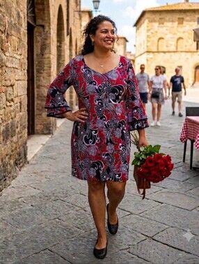 Sami And Jo Women's Red Floral Bell-Sleeve Dress